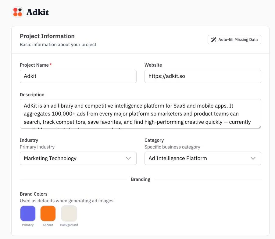 The brand profile filled in automatically