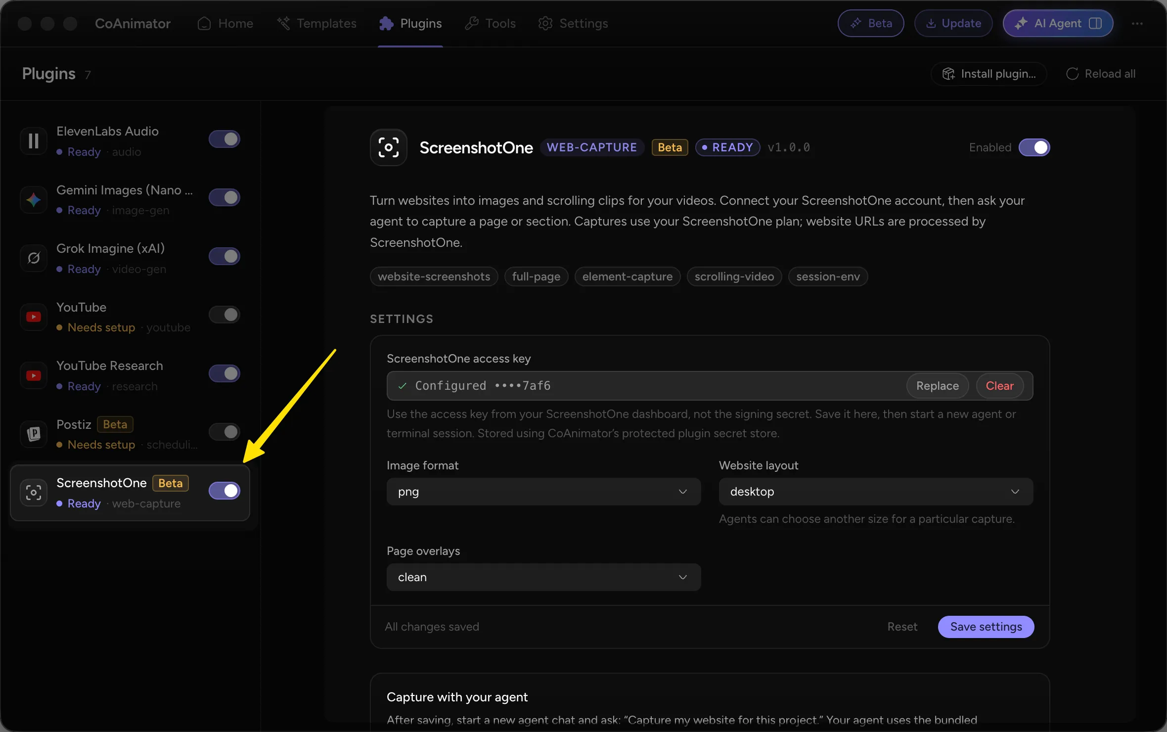 The ScreenshotOne plugin enabled in CoAnimator, with access-key, image-format, website-layout, and page-overlay settings