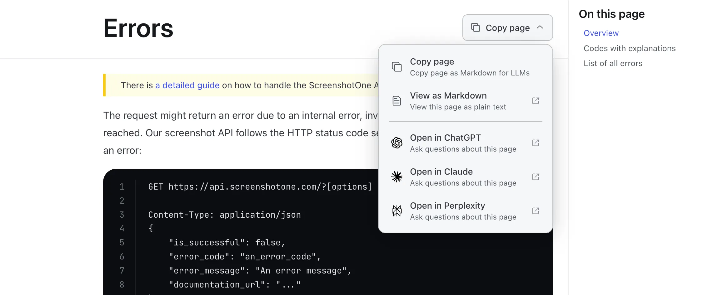 A screenshot of the new copy page button on the errors page