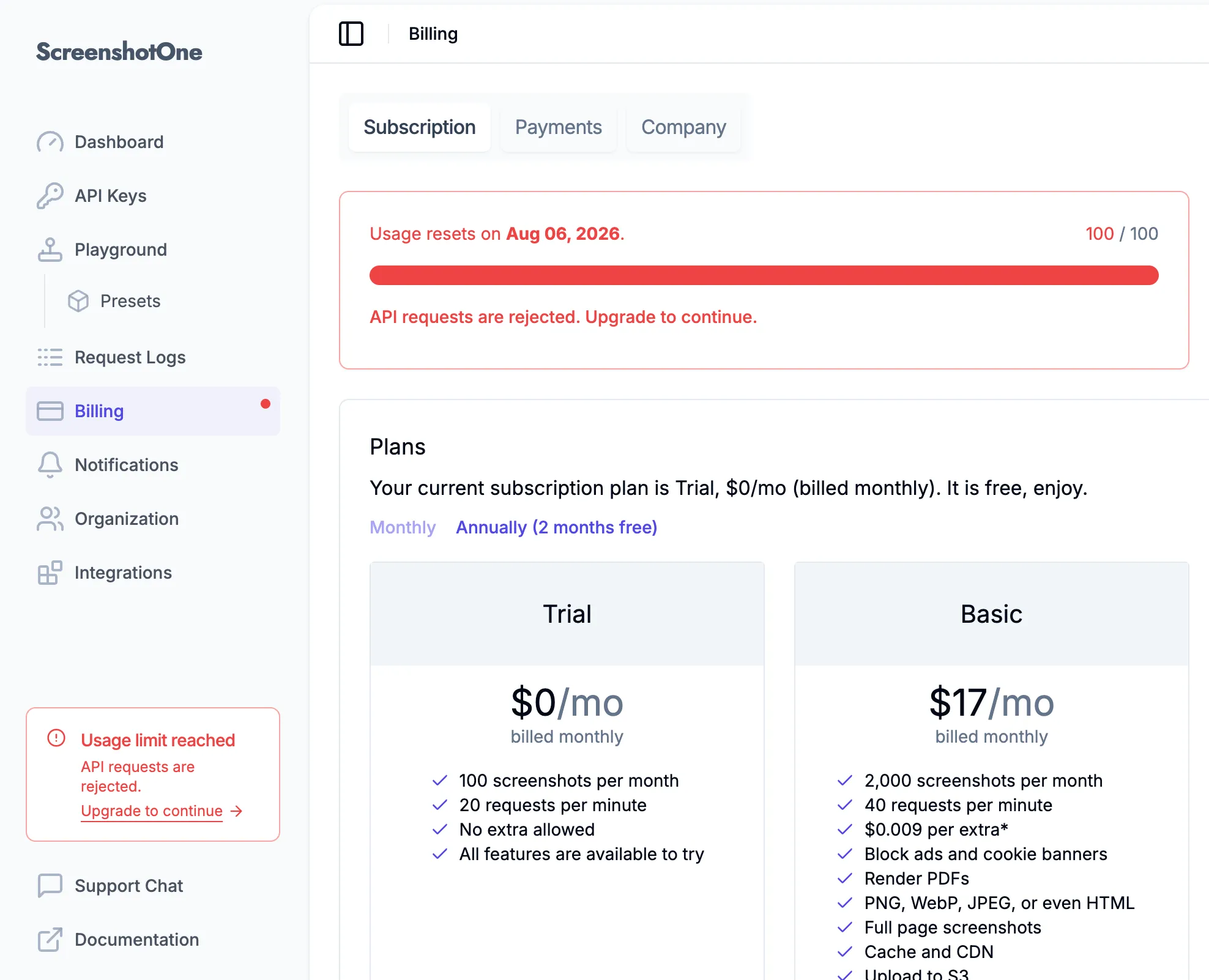 Clearer usage limits and upgrade actions in the ScreenshotOne dashboard