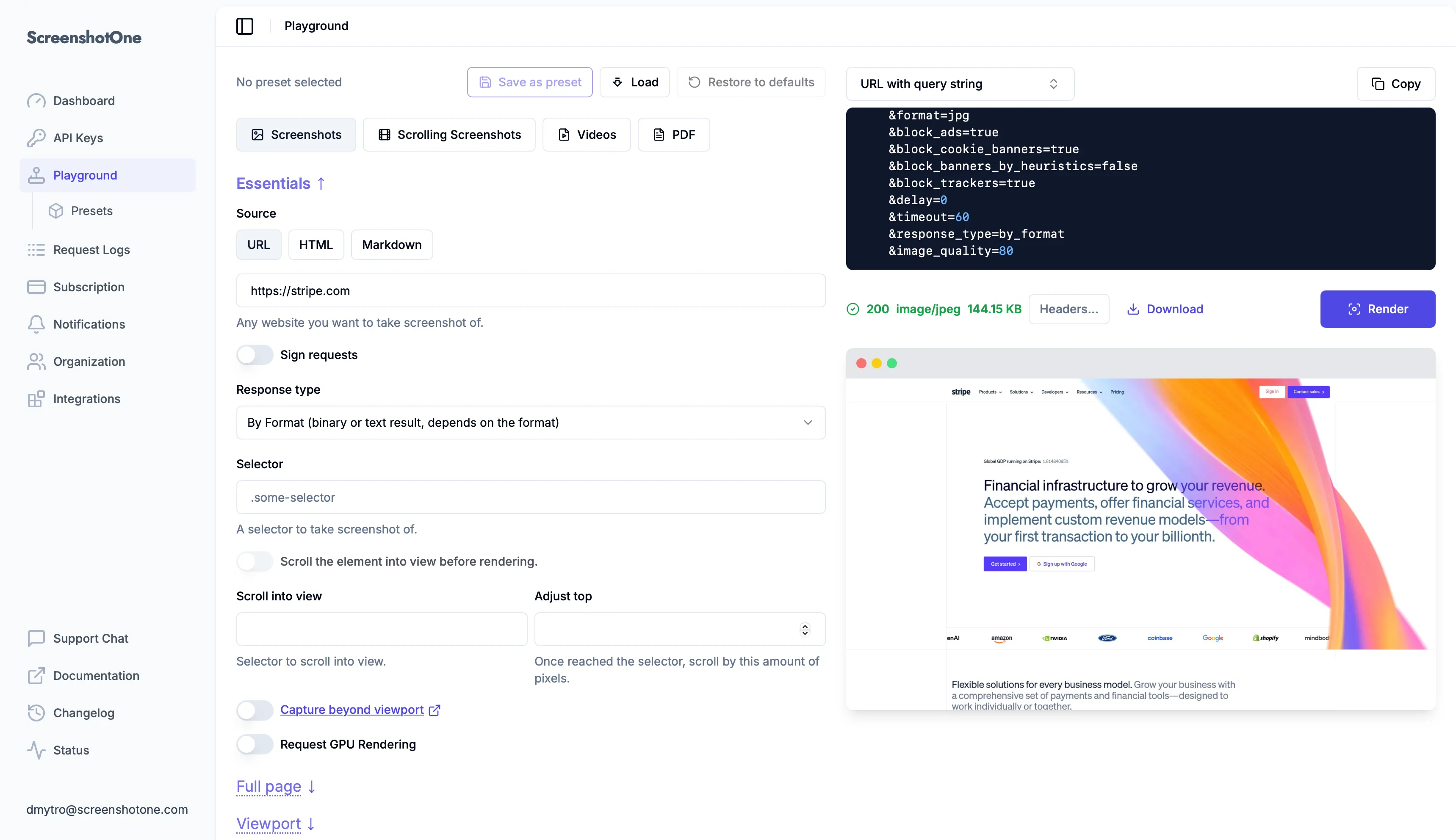 The ScreenshotOne dashboard