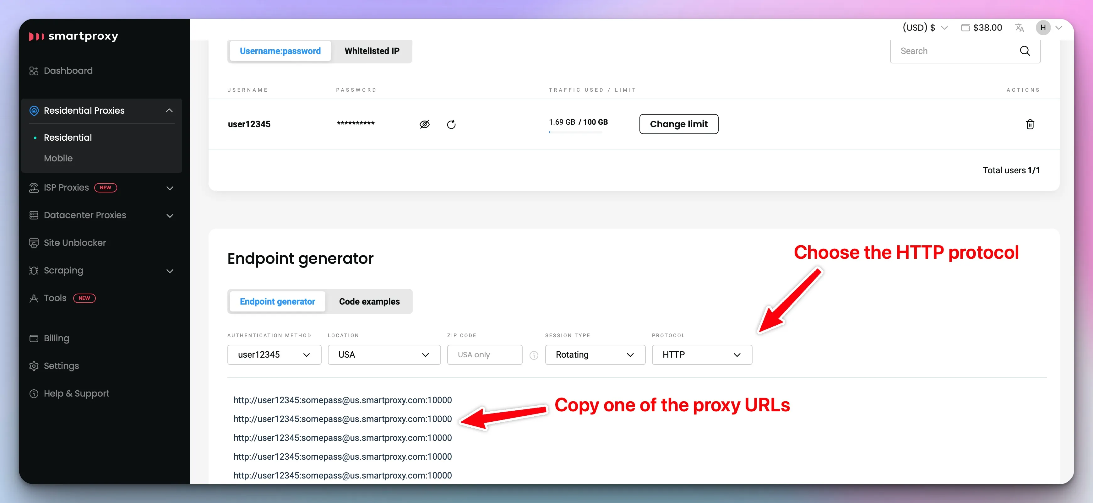 An example of picking the HTTP proxy endpoint in Decodo