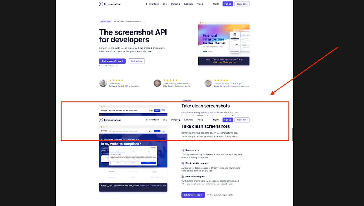 A screenshot of the screenshotone.com website with the top navigation bar appearing in the screenshot a few times