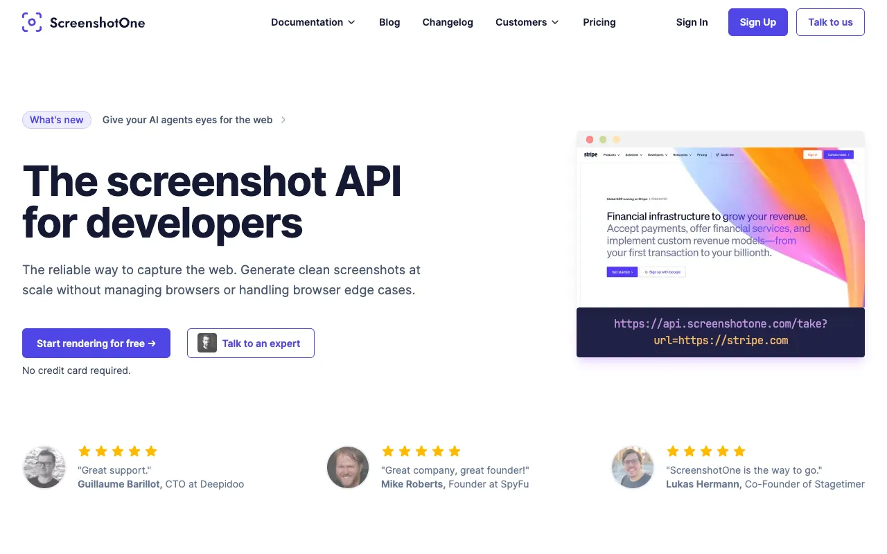 Viewport screenshot of ScreenshotOne's homepage captured with agent-browser