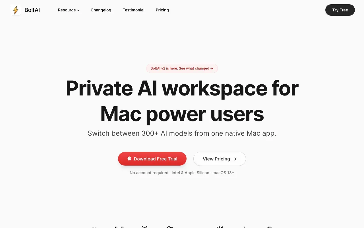 Screenshot of the BoltAI home page