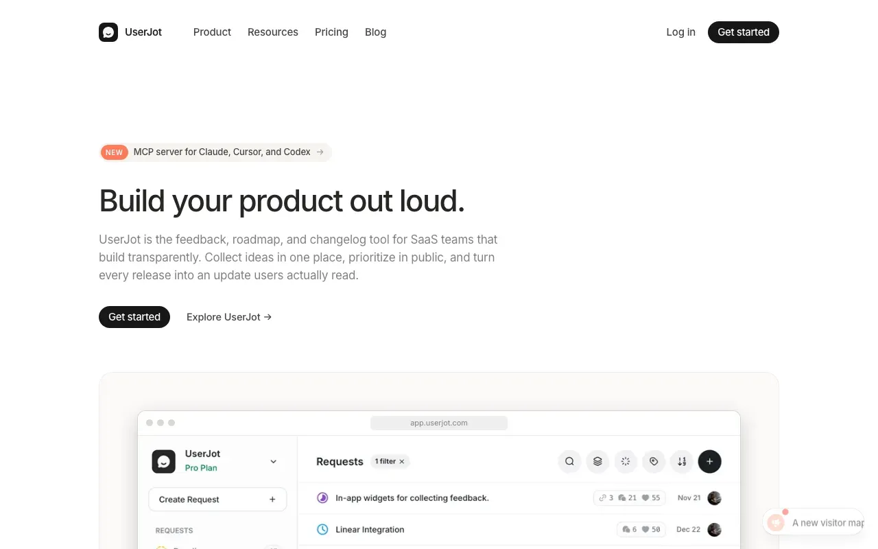 Screenshot of the UserJot home page