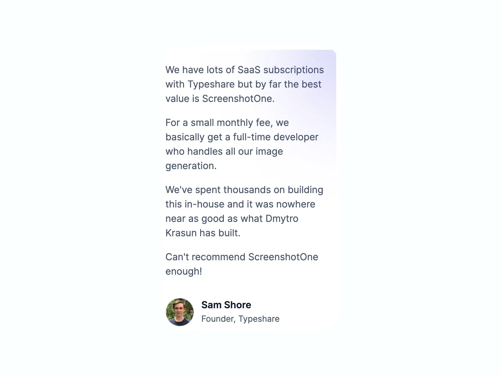Testimonial from Sam Shore