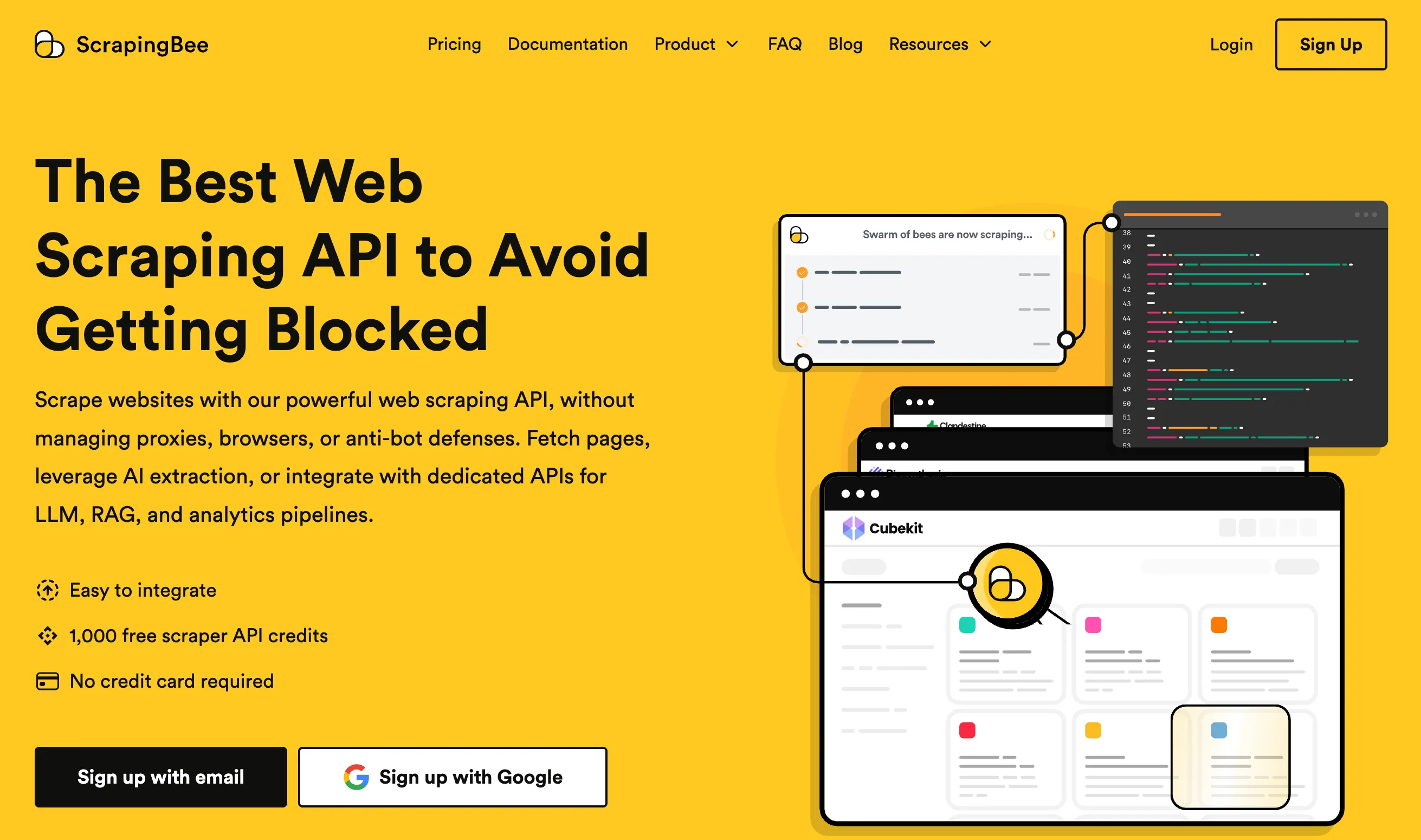 ScrapingBee homepage describing its web scraping API