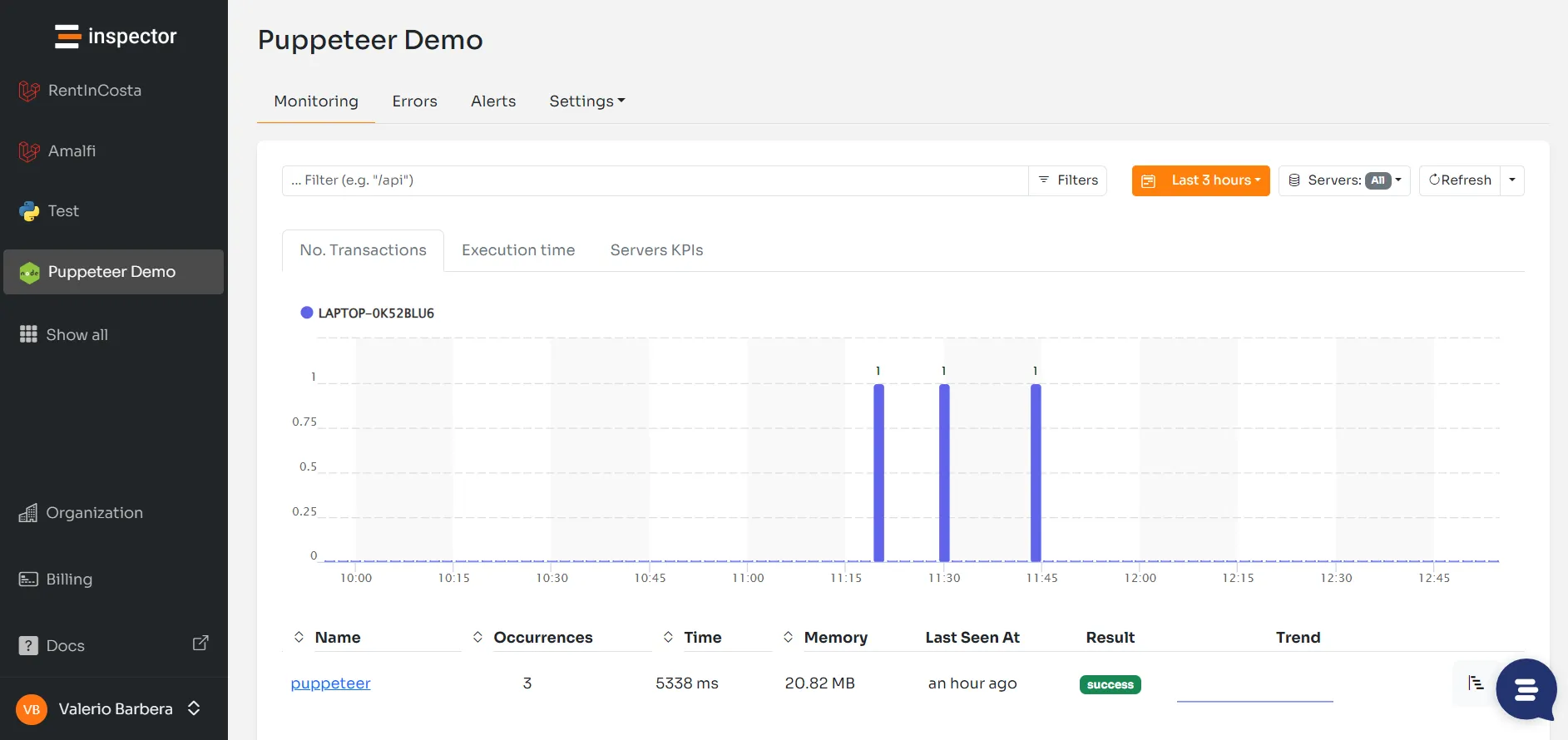 Inspector monitoring dashboard showing successful Puppeteer transactions