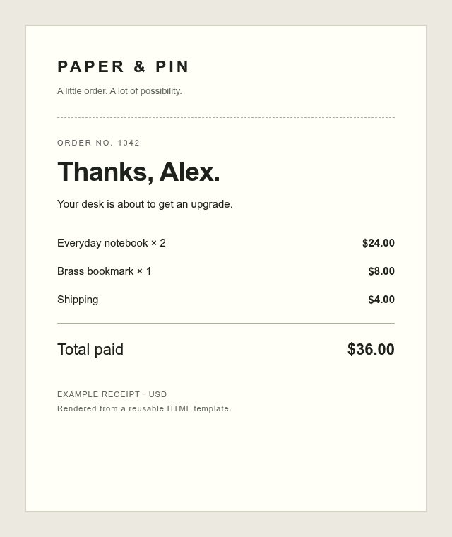 Receipt rendered from HTML and CSS